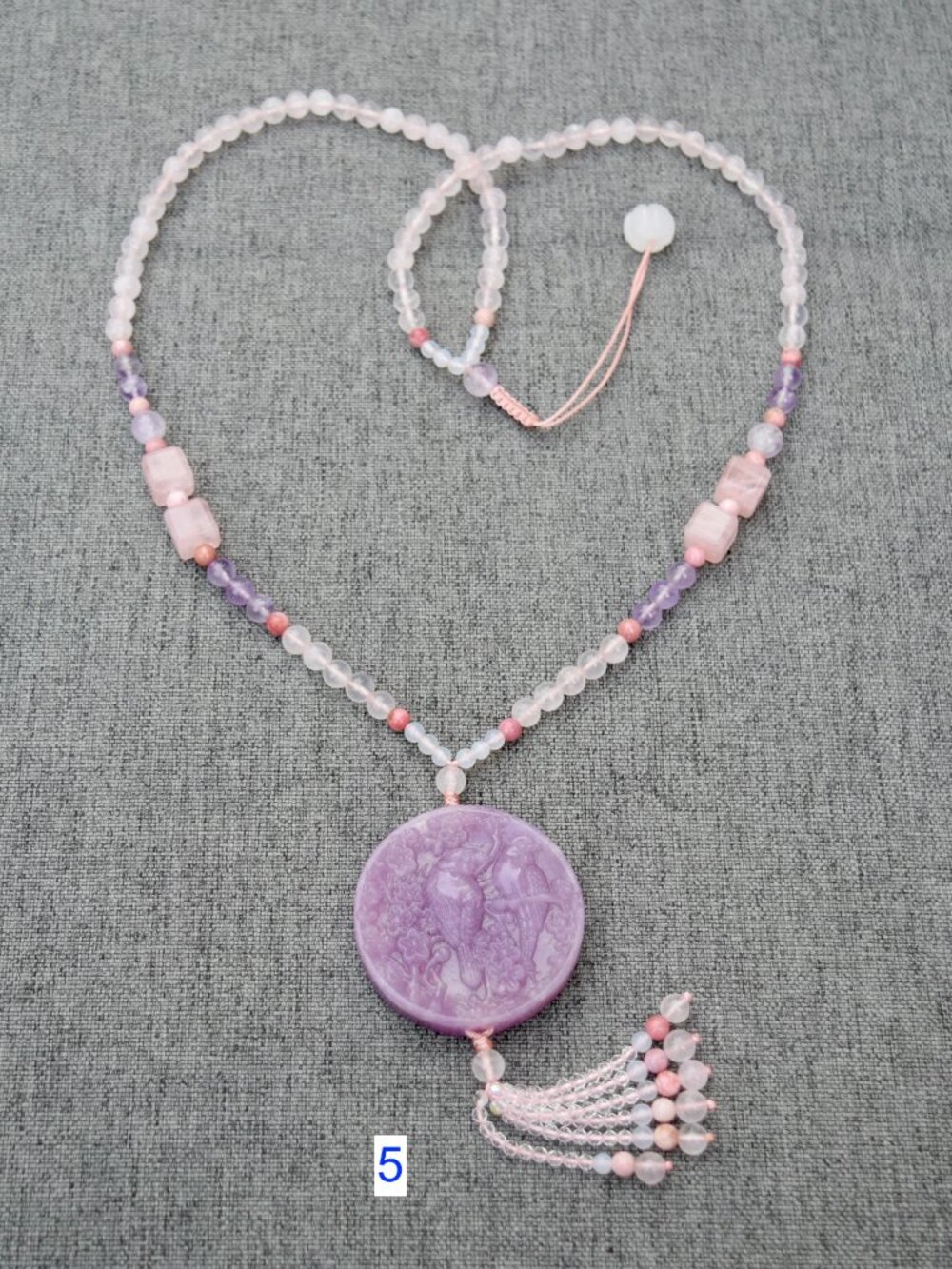 Lepidolite Flower Bird Pendant - Quartz Long Necklace - Style 5